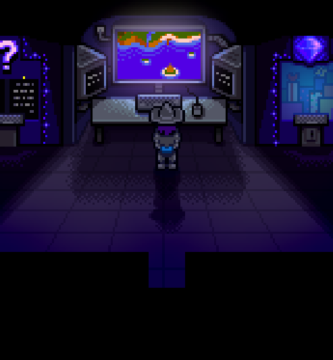 Mr. Qi from Stardew Valley standing in Qi's Walnut Room with a mysterious expression