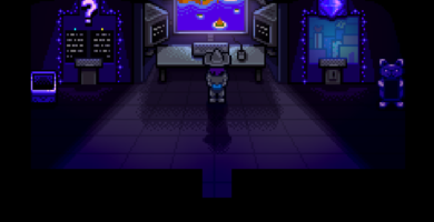 Mr. Qi from Stardew Valley standing in Qi's Walnut Room with a mysterious expression