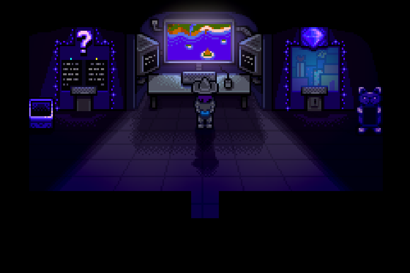 Mr. Qi from Stardew Valley standing in Qi's Walnut Room with a mysterious expression
