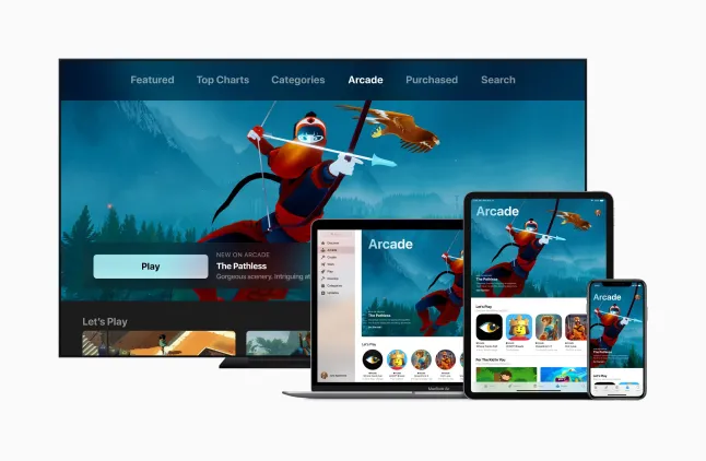 Apple devices displaying the new dedicated gaming app planned for 2025, including Mac, iPhone, iPad, and Apple TV