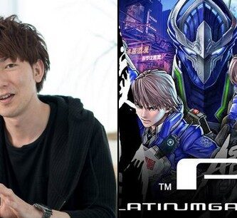 Takahisa Taura in front of PlatinumGames logo, symbolizing his departure