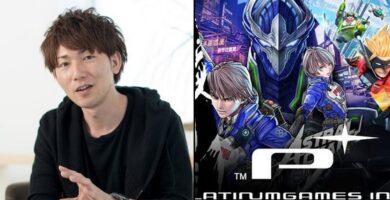 Takahisa Taura in front of PlatinumGames logo, symbolizing his departure