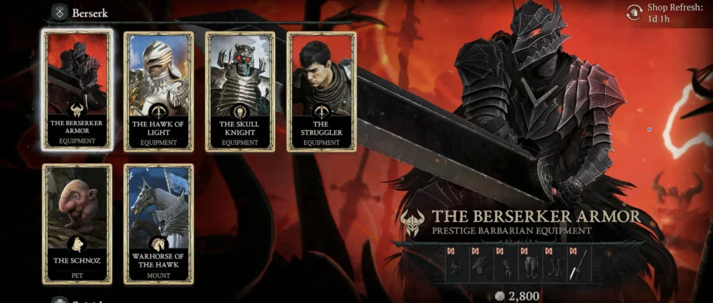 Diablo 4 in-game store screenshot showing Berserk event cosmetic bundles and Platinum prices