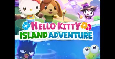 Hello Kitty Island Adventure Frozen Peaks snowy landscape, Hello Kitty game furniture stacking feature, Hello Kitty Island Adventure friendship gifting system screenshot