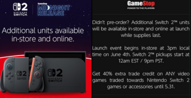 GameStop announcement for Nintendo Switch 2 midnight launch with trade-in offer and event start time details on June 4.