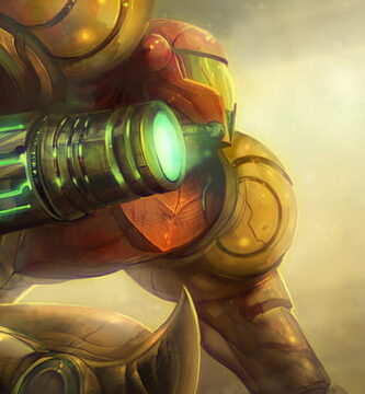 Artwork of Samus Aran with Metroid Prime logo in the background
