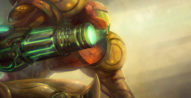 Artwork of Samus Aran with Metroid Prime logo in the background
