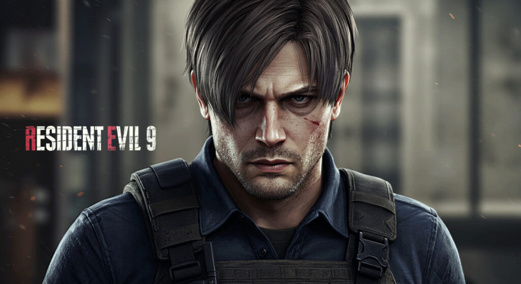 Concept art of Resident Evil 9 with eerie forest and Leon S. Kennedy silhouette