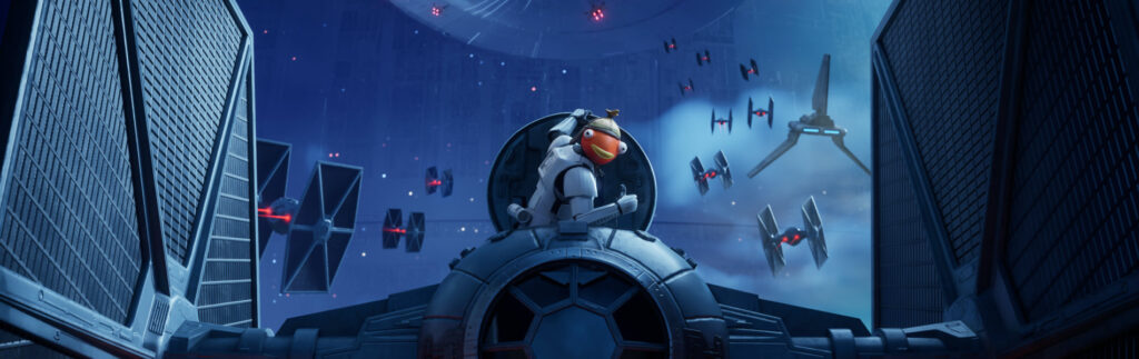 Fortnite Battle Royale island with the Death Star looming overhead during the Star Wars crossover event