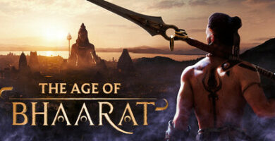 Key art from The Age of Bhaarat showing a warrior in ancient Indian armor standing before a temple