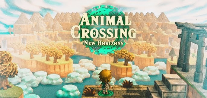 Animal Crossing scene mimicking Zelda: Tears of the Kingdom cutscene with Link and Zelda look-alikes
