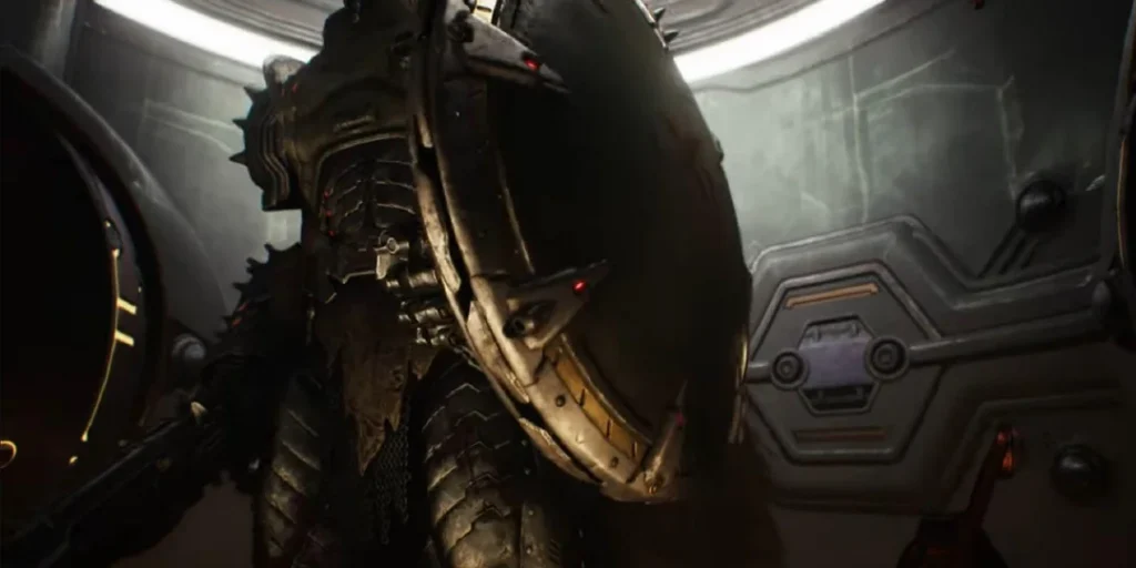 Doom: The Dark Ages gameplay showing Doom Slayer using the Shield Saw to leap across a gap
