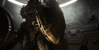 Doom: The Dark Ages gameplay showing Doom Slayer using the Shield Saw to leap across a gap