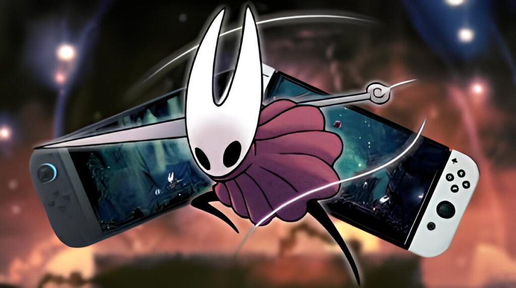 Hollow Knight: Silksong promotional art with Hornet in front of Nintendo Switch 2 console background