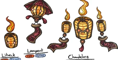 Fan-made regional forms of Litwick, Lampent, and Chandelure inspired by traditional paper lanterns