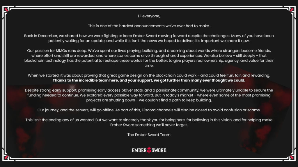 Ember Sword virtual land plots with game logo and shutdown announcement
