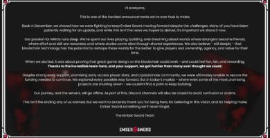 Ember Sword virtual land plots with game logo and shutdown announcement