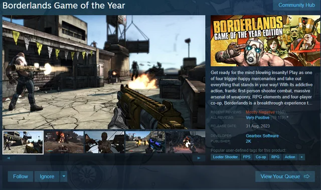 Borderlands game page on Steam showing mixed user reviews after EULA backlash