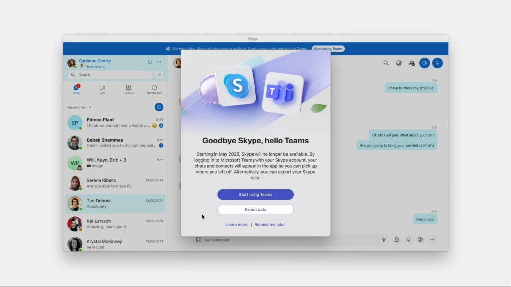 Skype shutdown message on app screen in 2025