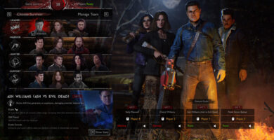 Evil Dead: The Game characters in dark forest with horror-themed environment