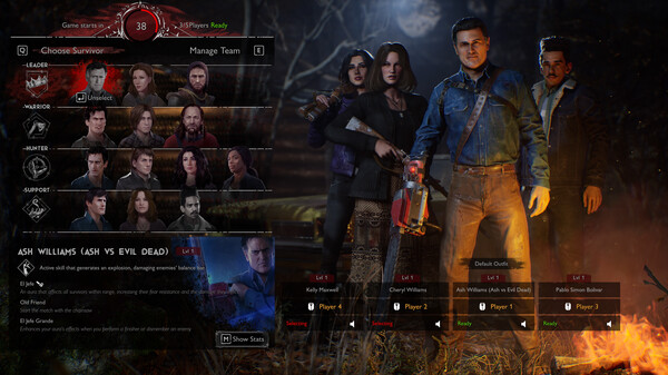 Evil Dead: The Game characters in dark forest with horror-themed environment