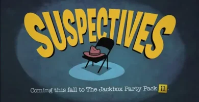 Suspectives gameplay in Jackbox Party Pack 11 featuring cartoon suspects in a humorous interrogation scene.