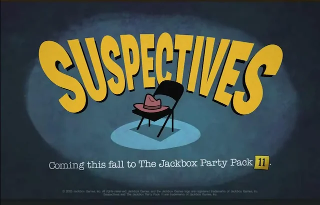 Suspectives gameplay in Jackbox Party Pack 11 featuring cartoon suspects in a humorous interrogation scene.