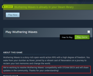 Screenshot of Wuthering Waves Steam page showing Steam Deck compatibility notice