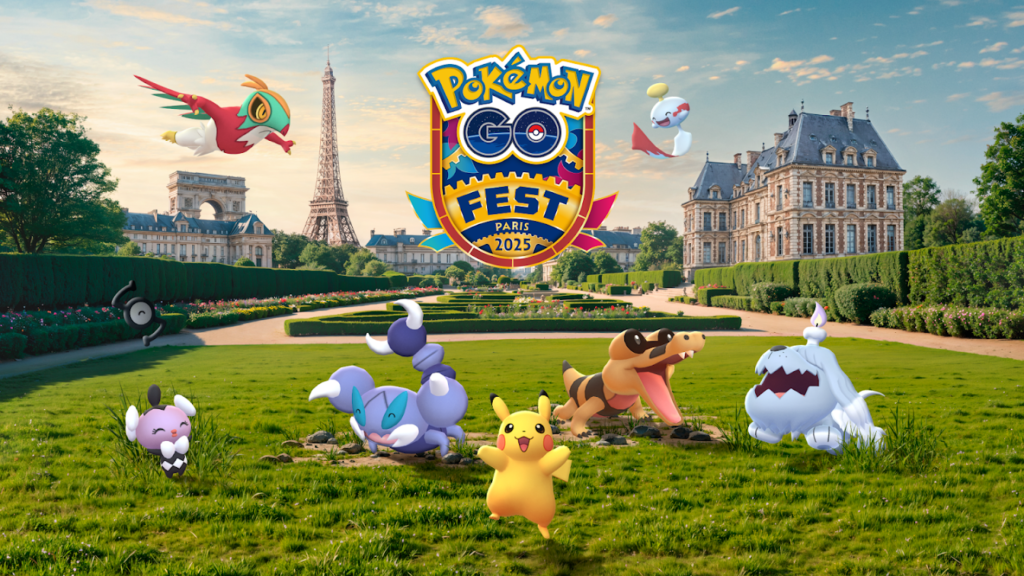 Couple getting engaged at Pokémon GO Fest 2024, with Pikachu and Eevee in the background.
