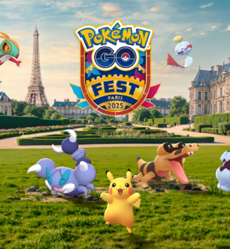 Couple getting engaged at Pokémon GO Fest 2024, with Pikachu and Eevee in the background.