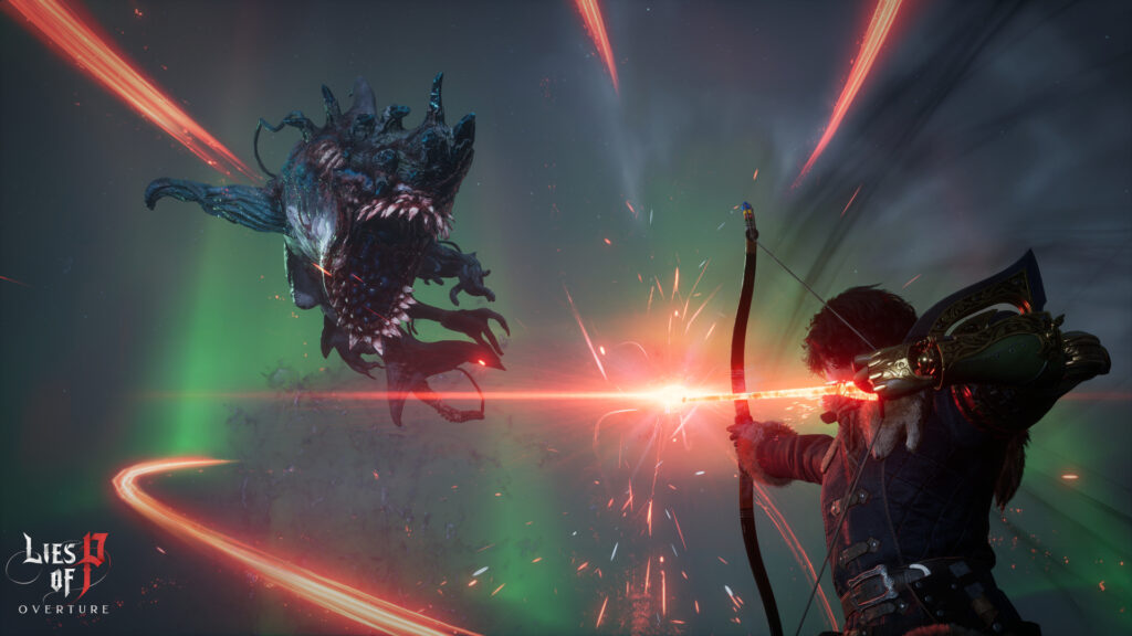 Mutant gorilla in Lies of P: Overture’s Krat Zoo snarling in a foggy enclosure