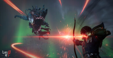 Mutant gorilla in Lies of P: Overture’s Krat Zoo snarling in a foggy enclosure
