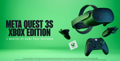 Meta Quest 3S Xbox Edition headset in box next to Xbox controller and Game Pass Ultimate card