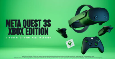 Meta Quest 3S Xbox Edition headset and controllers with Xbox Carbon Black and Velocity Green color scheme