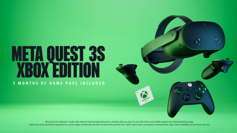 Meta Quest 3S Xbox Edition headset and controllers with Xbox Carbon Black and Velocity Green color scheme