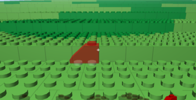 Screenshot of Brickcraft prototype showing LEGO-style Minecraft world and UI from the 2012 build.