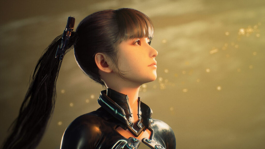 Eve from Stellar Blade in combat stance against a futuristic city backdrop