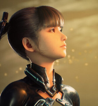 Eve from Stellar Blade in combat stance against a futuristic city backdrop