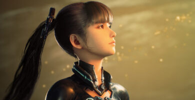 Eve from Stellar Blade in combat stance against a futuristic city backdrop