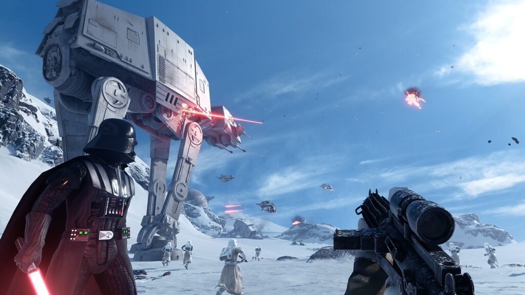 Star Wars Battlefront 2 gameplay with large-scale battle and EA logo overlay