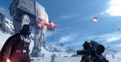 Star Wars Battlefront 2 gameplay with large-scale battle and EA logo overlay
