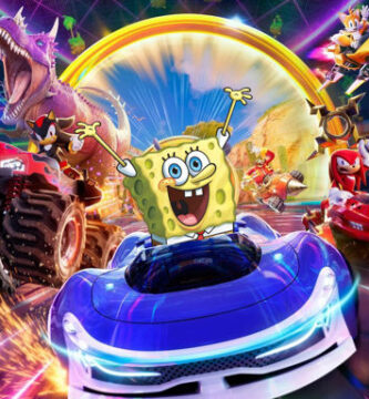SpongeBob riding a Krabby Patty-themed kart in Sonic Racing: CrossWorlds Bikini Bottom track