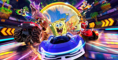 SpongeBob riding a Krabby Patty-themed kart in Sonic Racing: CrossWorlds Bikini Bottom track