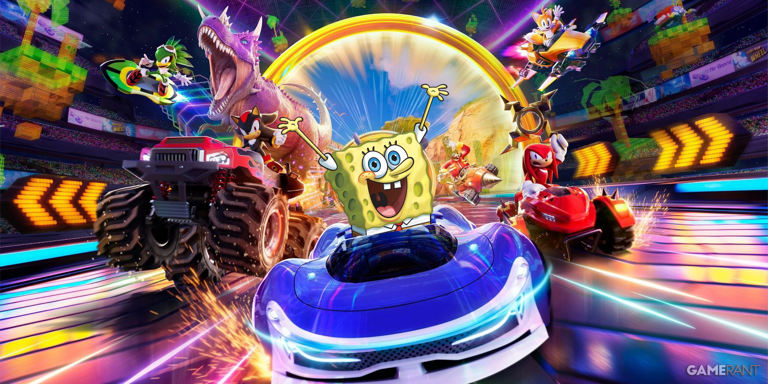 SpongeBob riding a Krabby Patty-themed kart in Sonic Racing: CrossWorlds Bikini Bottom track
