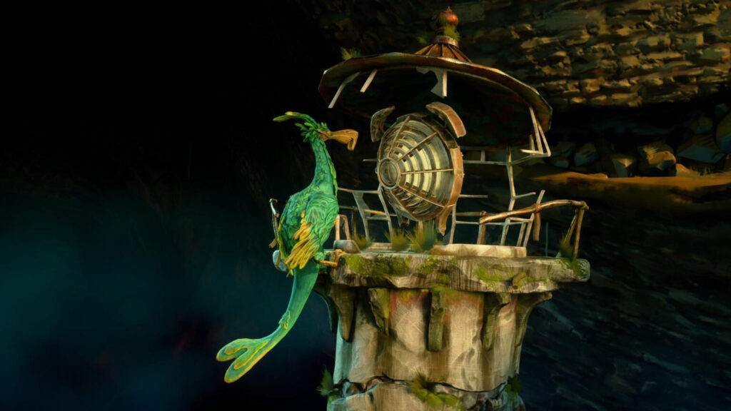 Gameplay trailer still of Double Fine's new game Keeper featuring the walking lighthouse protagonist
