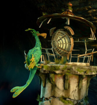 Gameplay trailer still of Double Fine's new game Keeper featuring the walking lighthouse protagonist