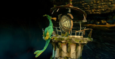 Gameplay trailer still of Double Fine's new game Keeper featuring the walking lighthouse protagonist