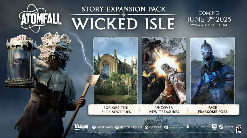 Atomfall Wicked Isle DLC promotional image showing mysterious island and new enemy factions like pirates and druids