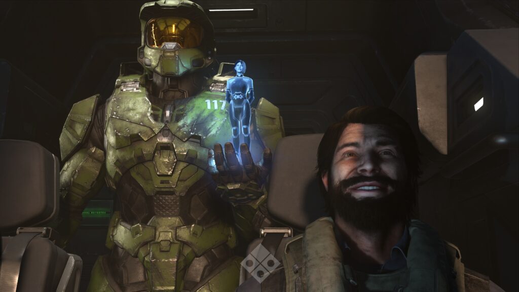 Master Chief standing on Zeta Halo with a mysterious ancient structure in the distance