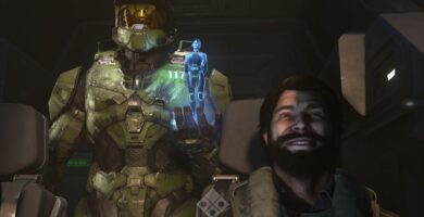Master Chief standing on Zeta Halo with a mysterious ancient structure in the distance